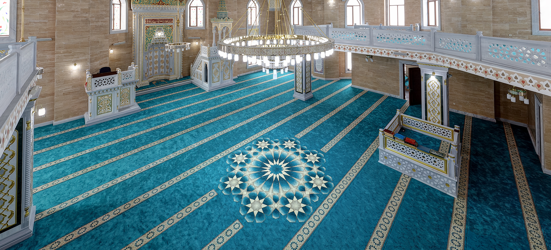 Cami halısı döşenmiş cami iç mekânı